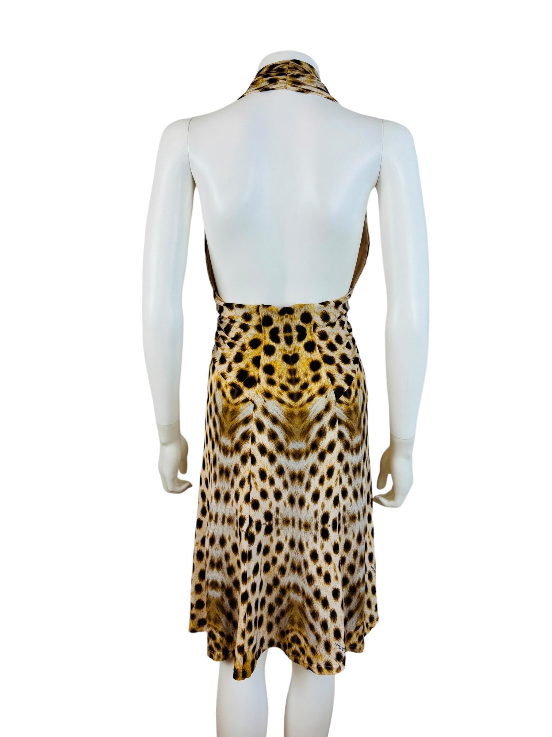 Vintage 2007 Y2K Roberto Cavalli Halter Cheetah Animal Leopard Print Dress Midi For Sale 8