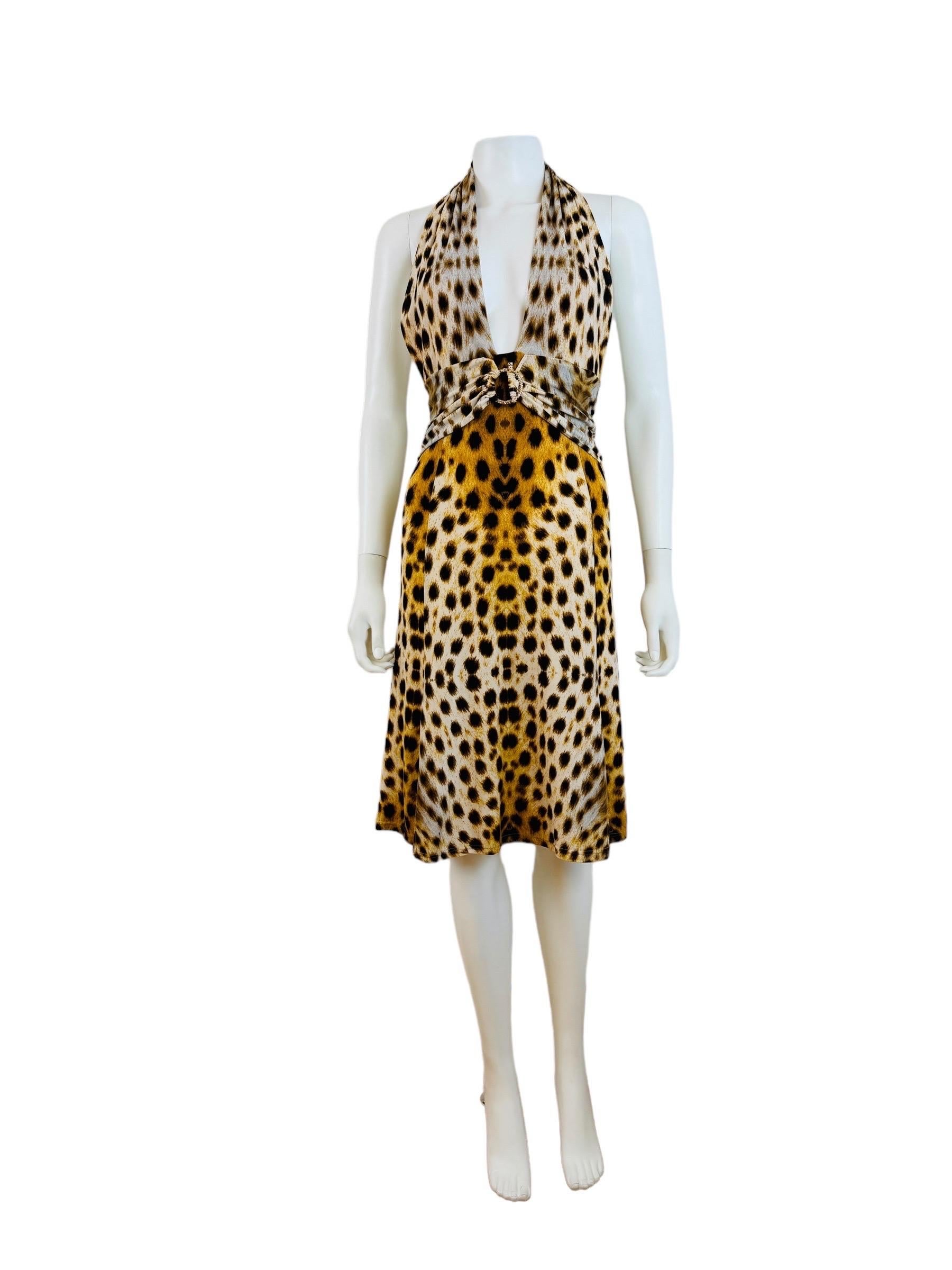 Beige Vintage 2007 Y2K Roberto Cavalli Halter Cheetah Animal Leopard Print Dress Midi For Sale