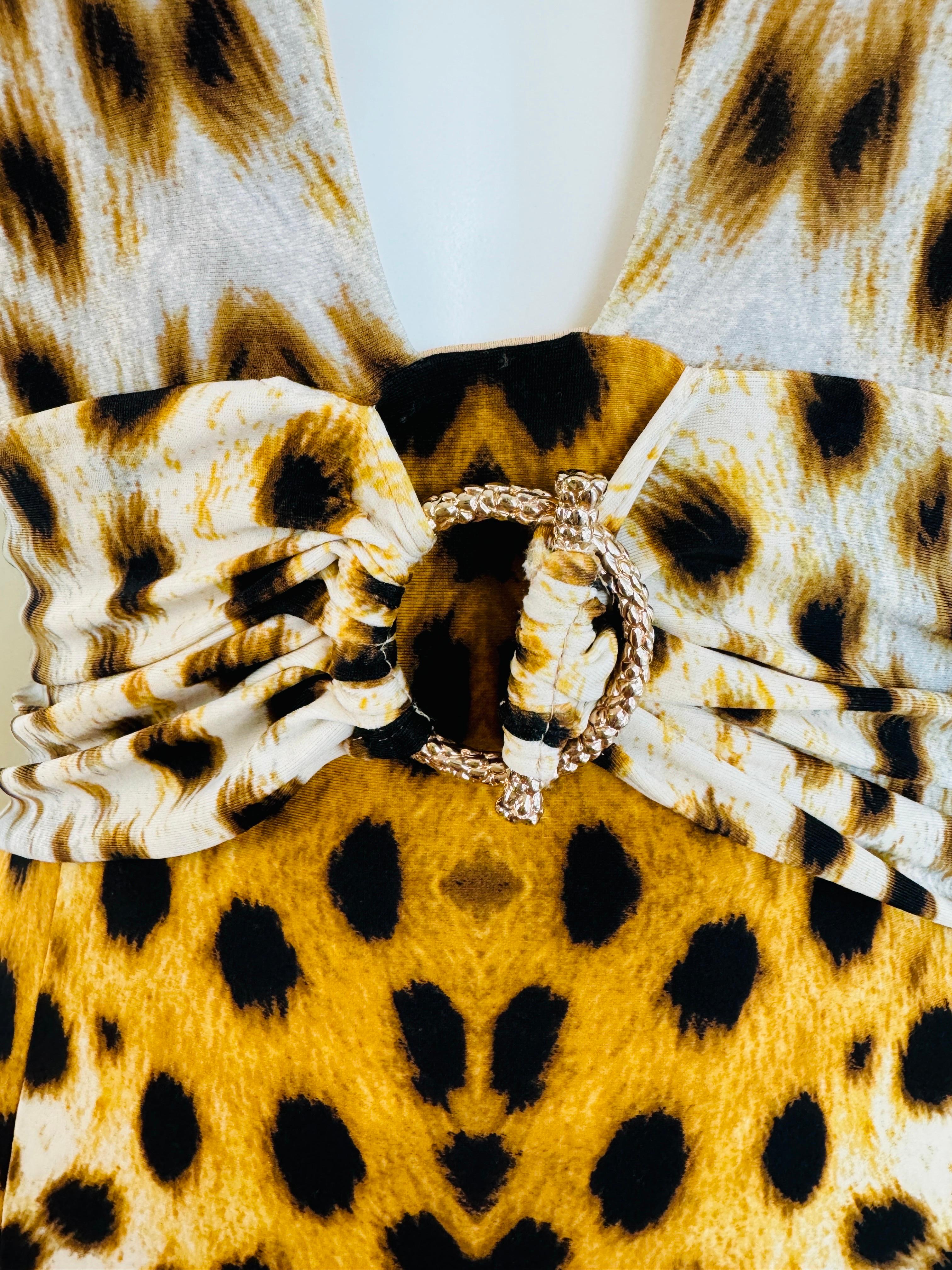 Vintage 2007 Y2K Roberto Cavalli Halter Cheetah Animal Leopard Print Dress Midi For Sale 1