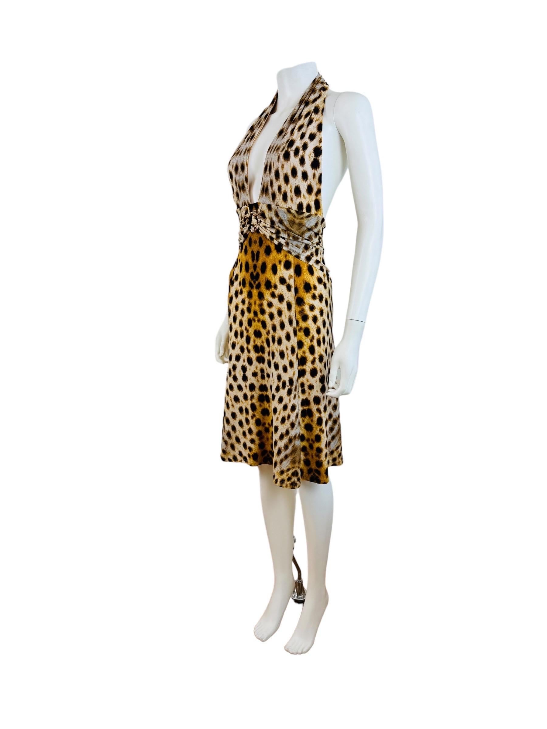 Vintage 2007 Y2K Roberto Cavalli Halter Cheetah Animal Leopard Print Dress Midi For Sale 2