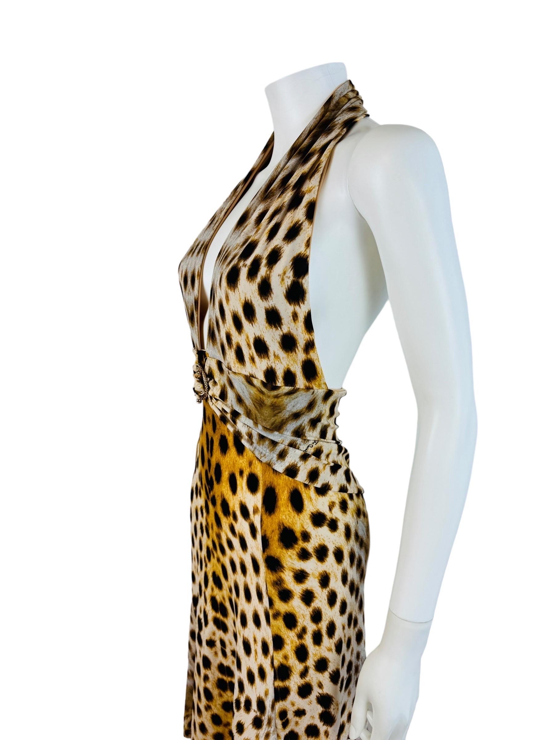 Vintage 2007 Y2K Roberto Cavalli Halter Cheetah Animal Leopard Print Dress Midi For Sale 3