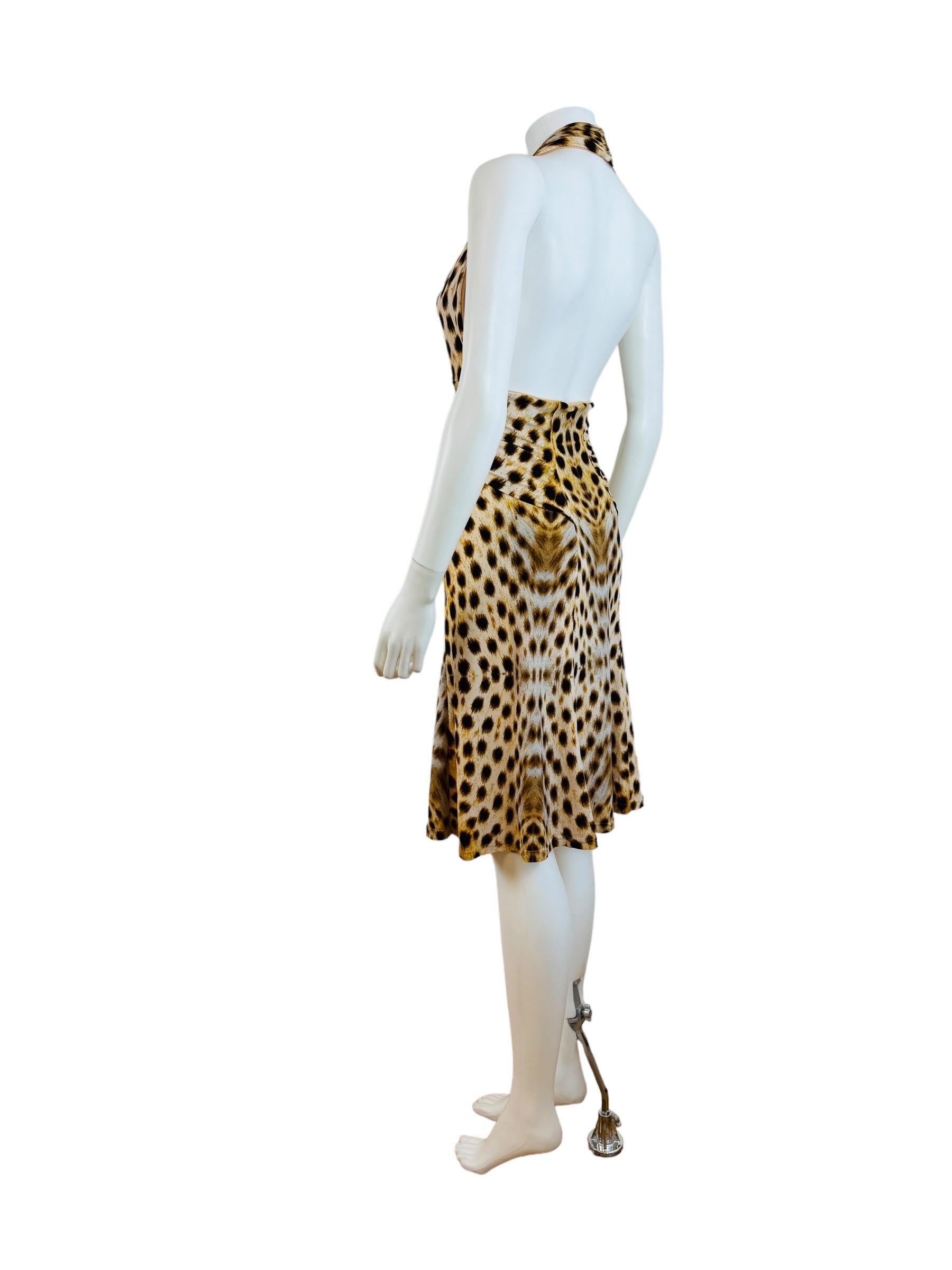 Vintage 2007 Y2K Roberto Cavalli Halter Cheetah Animal Leopard Print Dress Midi For Sale 4