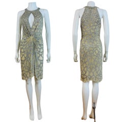 Vintage 2007 Y2K Roberto Cavalli Keyhole Cut Out Cream Silk Silver Sequins Dress