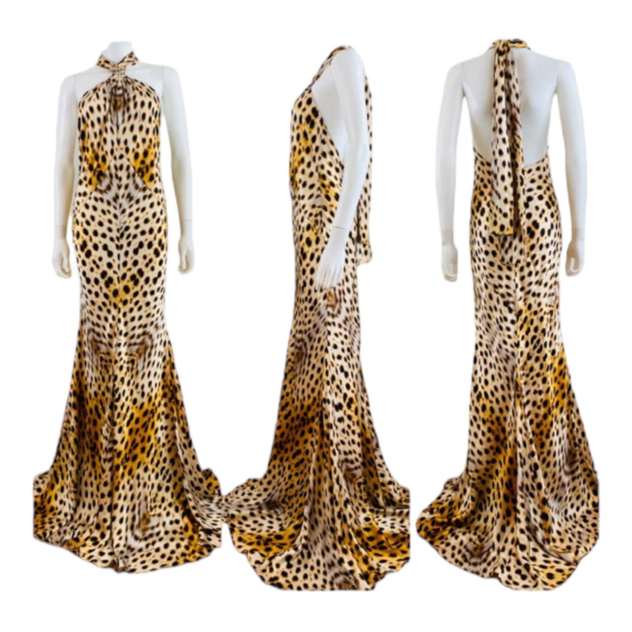 Brown Vintage 2007 Y2K Roberto Cavalli Silk Cheetah Print Halter Dress Gown For Sale