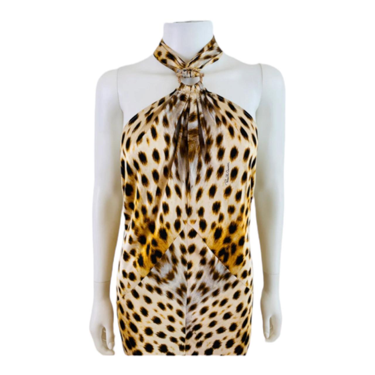 Women's Vintage 2007 Y2K Roberto Cavalli Silk Cheetah Print Halter Dress Gown For Sale
