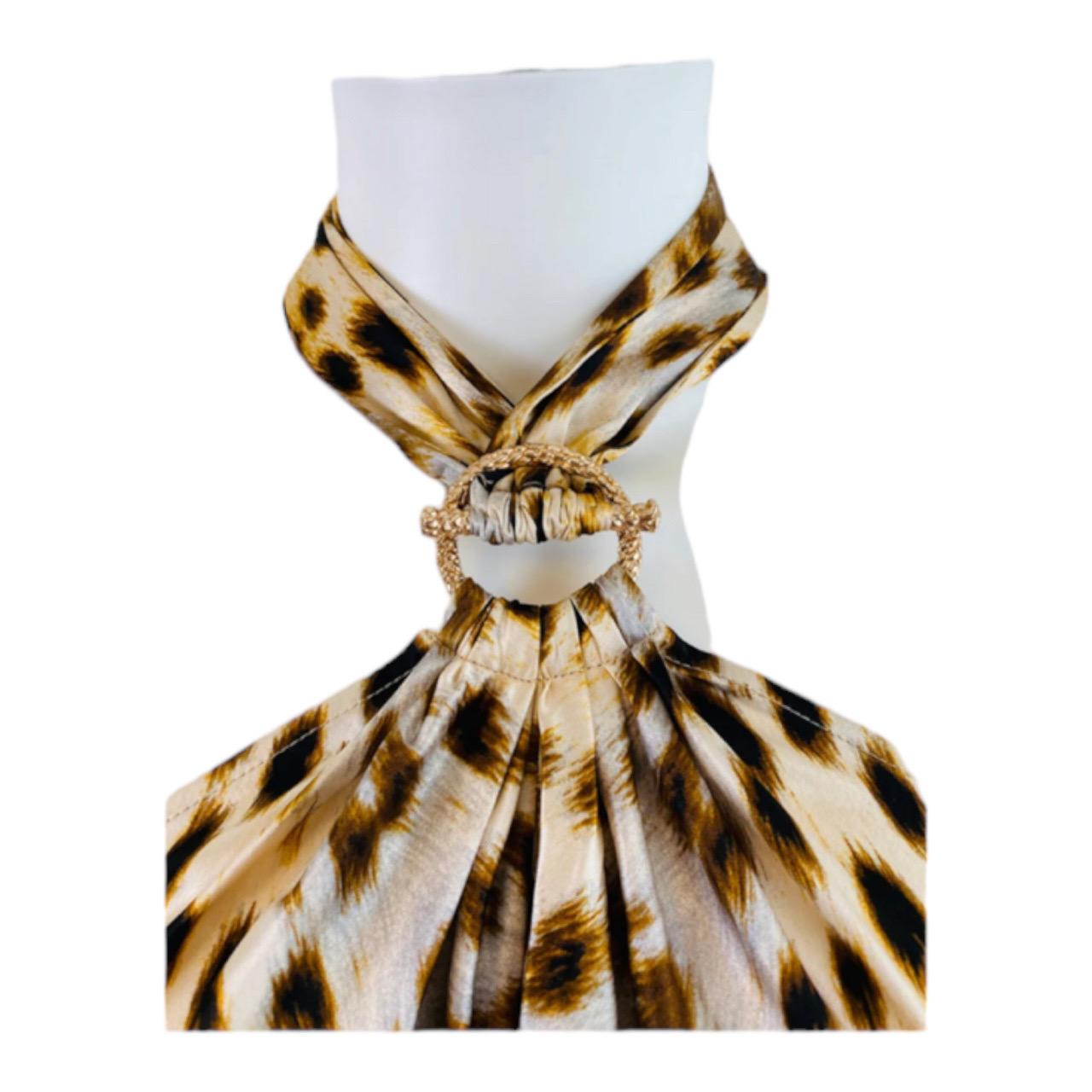 Vintage 2007 Y2K Roberto Cavalli Silk Cheetah Print Halter Dress Gown For Sale 1