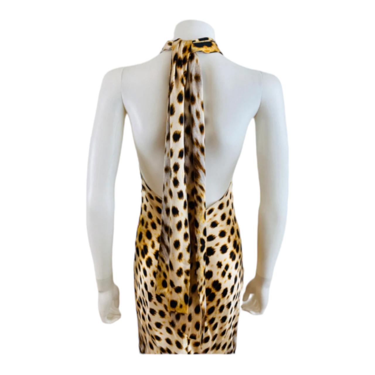 Vintage 2007 Y2K Roberto Cavalli Silk Cheetah Print Halter Dress Gown For Sale 2