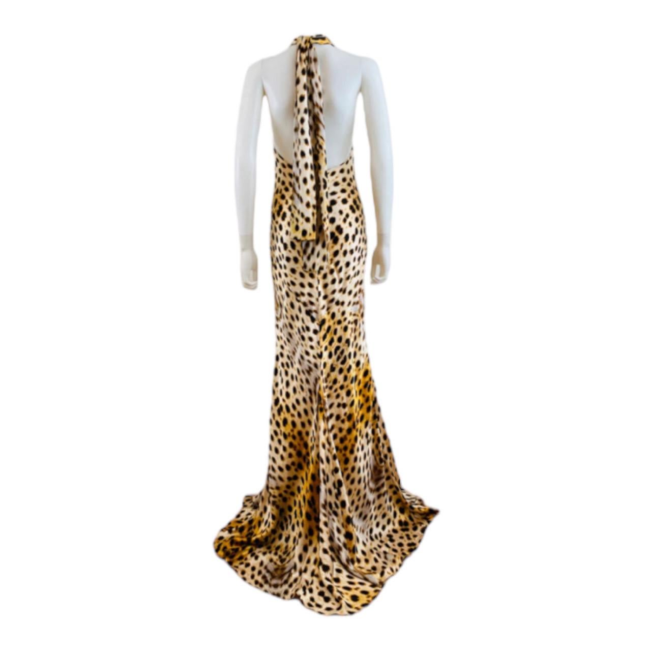 Vintage 2007 Y2K Roberto Cavalli Silk Cheetah Print Halter Dress Gown For Sale 3