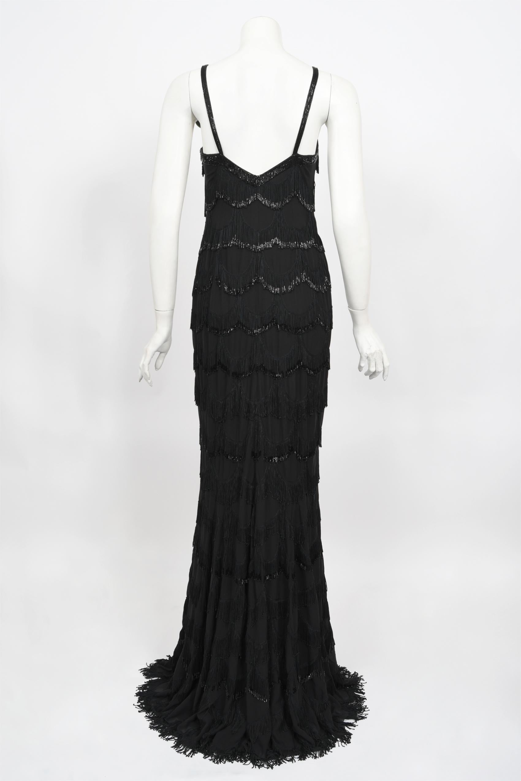 Vintage 2008 Christian Dior by Galliano Black Silk Beaded Fringe Bias-Cut Gown 7