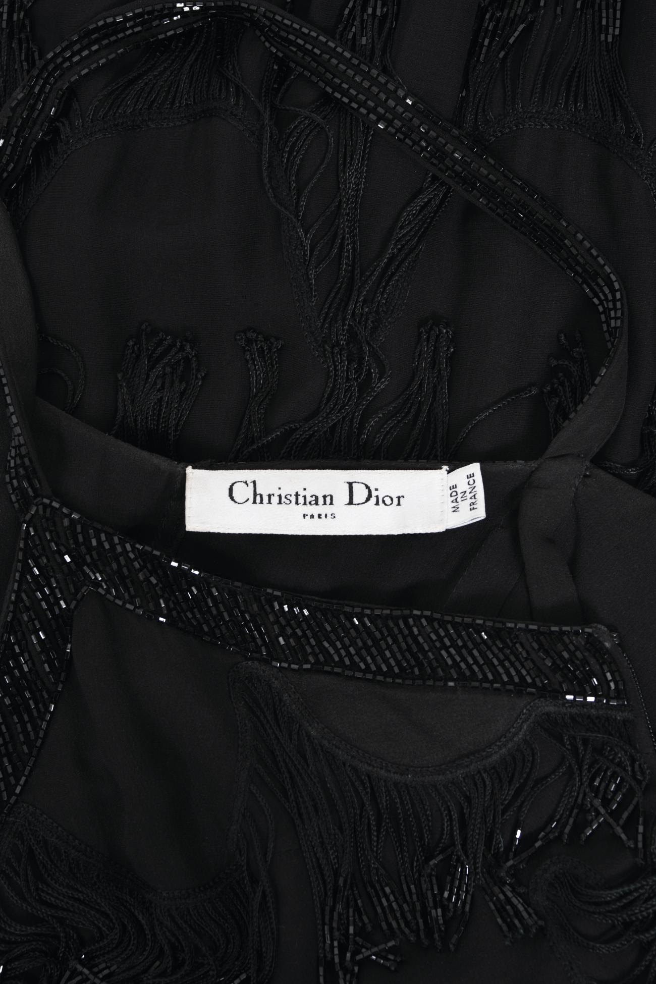 Vintage 2008 Christian Dior by Galliano Black Silk Beaded Fringe Bias-Cut Gown 10