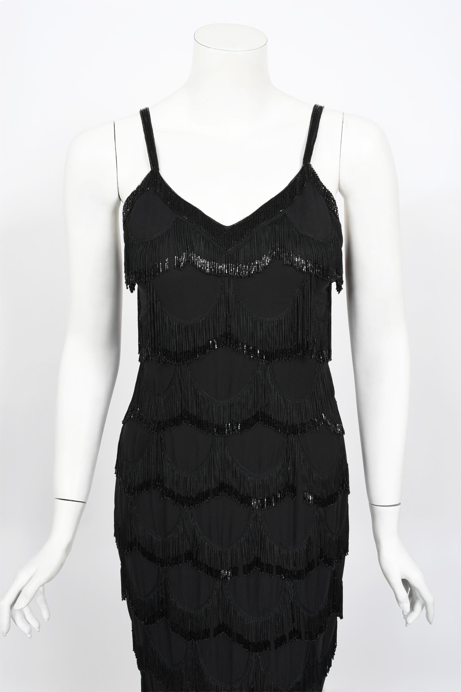 Vintage 2008 Christian Dior by Galliano Black Silk Beaded Fringe Bias-Cut Gown In Good Condition In Beverly Hills, CA