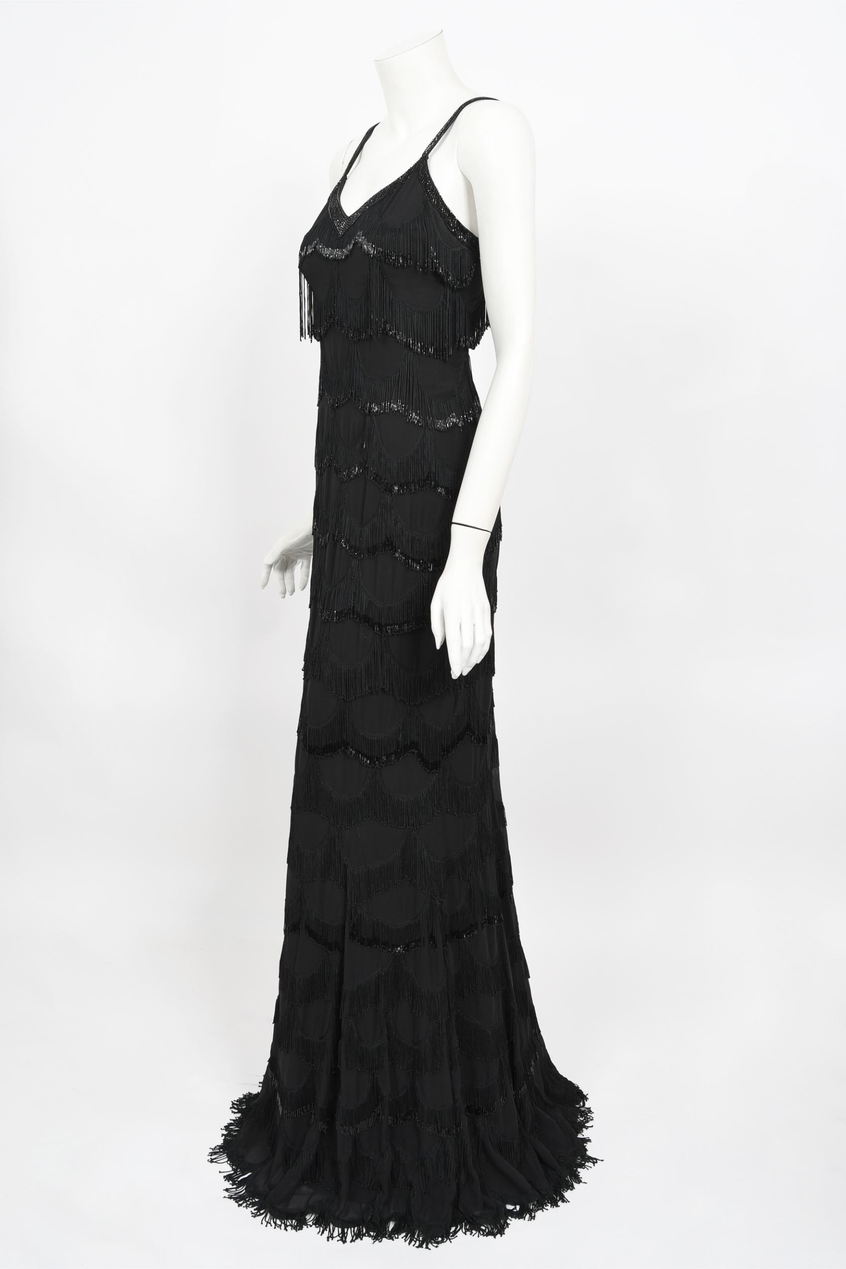Vintage 2008 Christian Dior by Galliano Black Silk Beaded Fringe Bias-Cut Gown 1