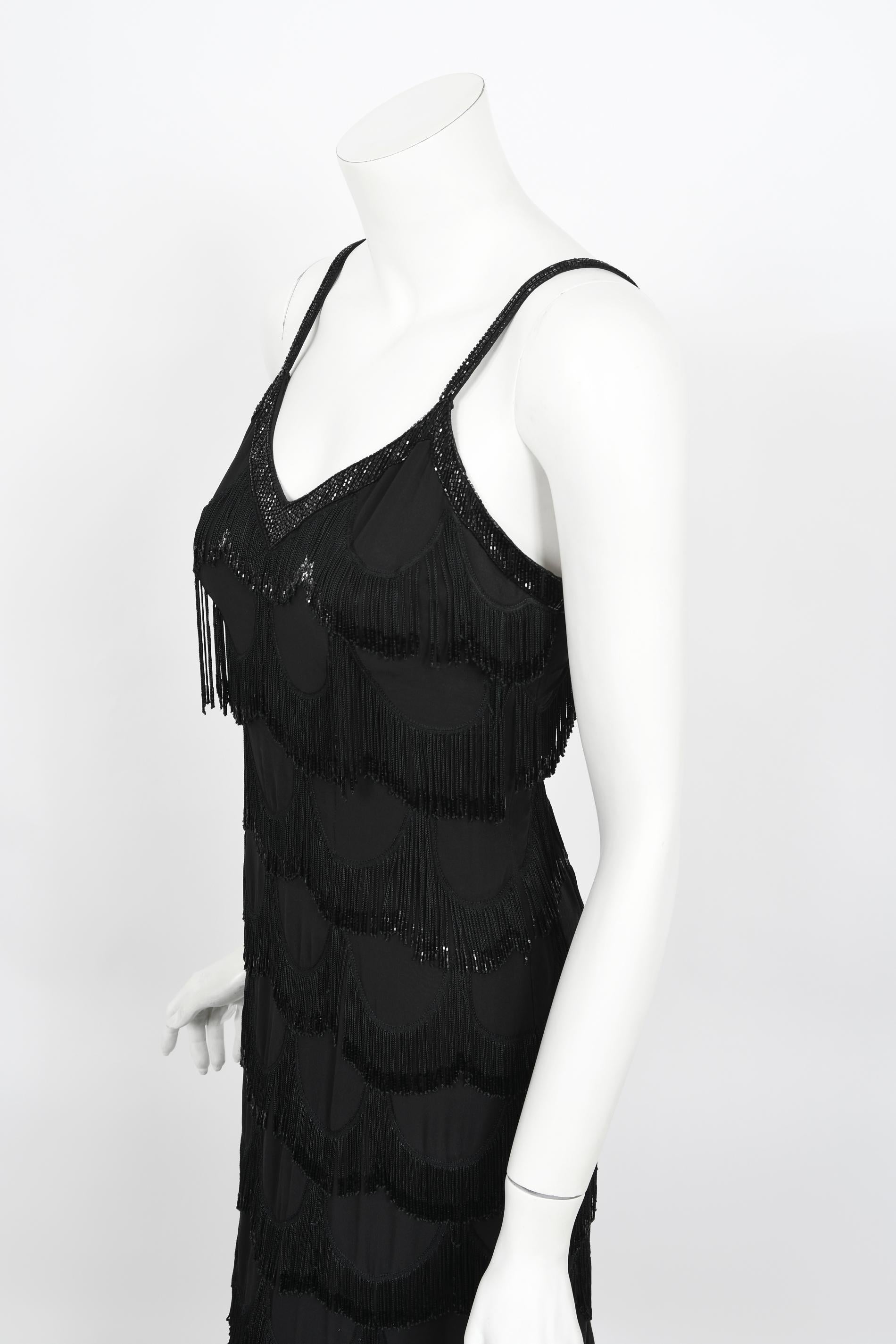 Vintage 2008 Christian Dior by Galliano Black Silk Beaded Fringe Bias-Cut Gown 2