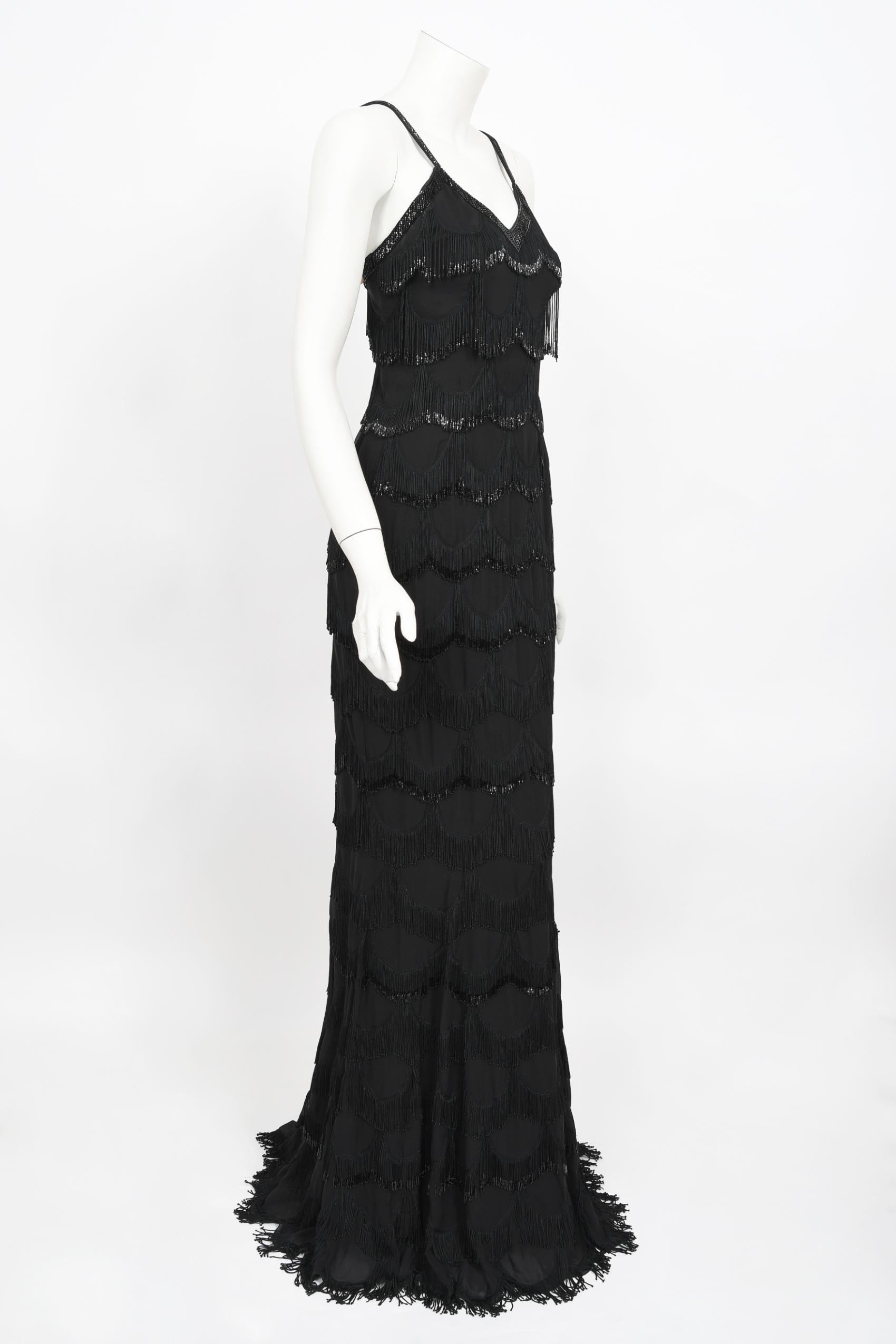 Vintage 2008 Christian Dior by Galliano Black Silk Beaded Fringe Bias-Cut Gown 3