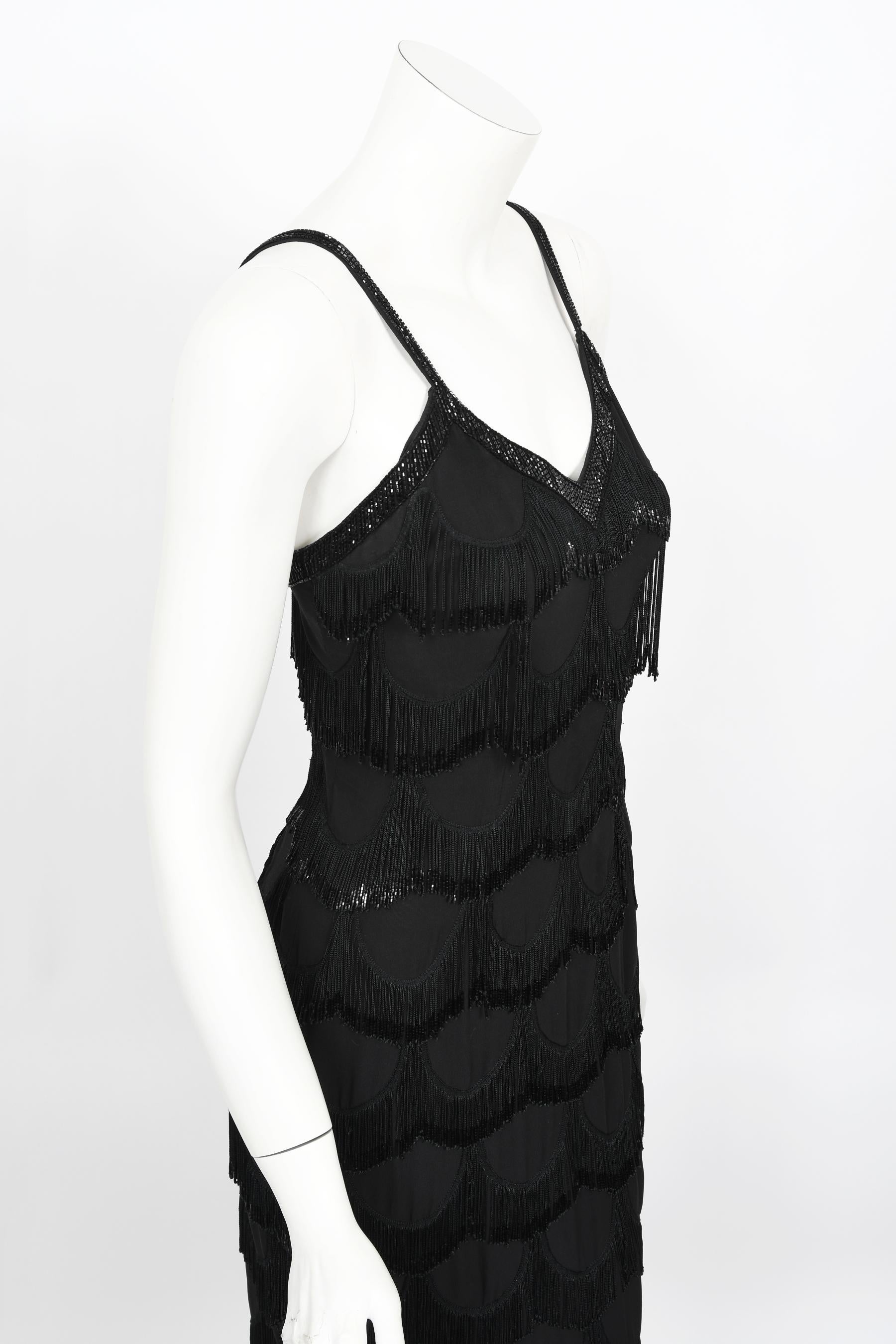 Vintage 2008 Christian Dior by Galliano Black Silk Beaded Fringe Bias-Cut Gown 4