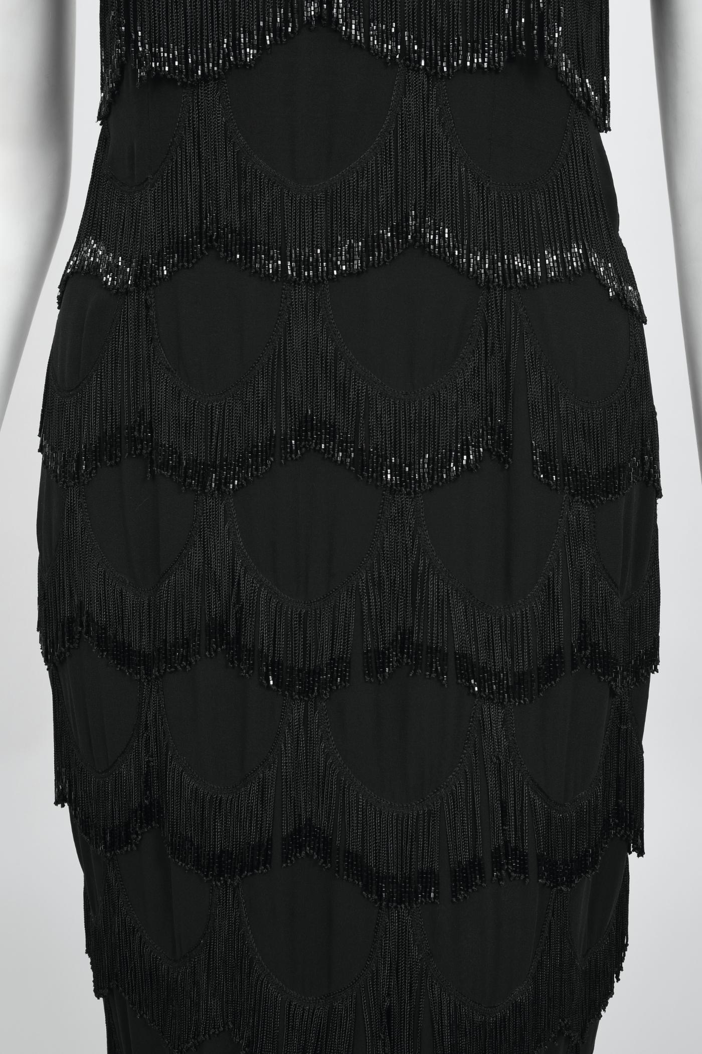 Vintage 2008 Christian Dior by Galliano Black Silk Beaded Fringe Bias-Cut Gown 5