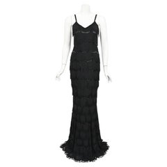 Vintage 2008 Christian Dior by Galliano Black Silk Beaded Fringe Bias-Cut Gown