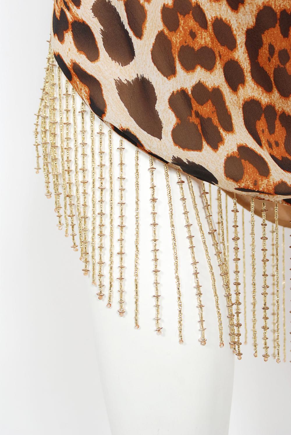Vintage 2008 Christian Dior by Galliano Leopard Print Silk Beaded Fringe Dress 7