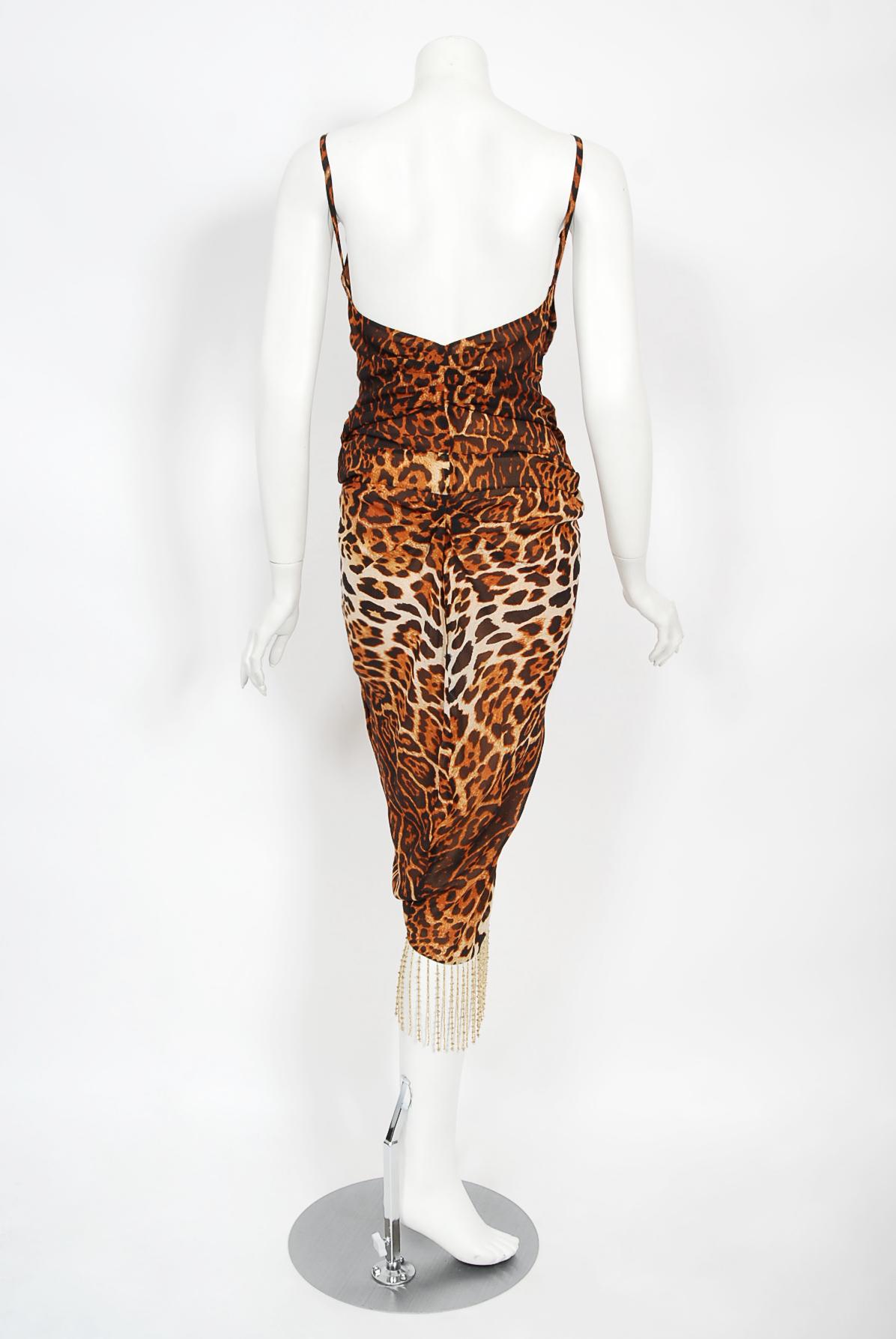 Vintage 2008 Christian Dior by Galliano Leopard Print Silk Beaded Fringe Dress 8