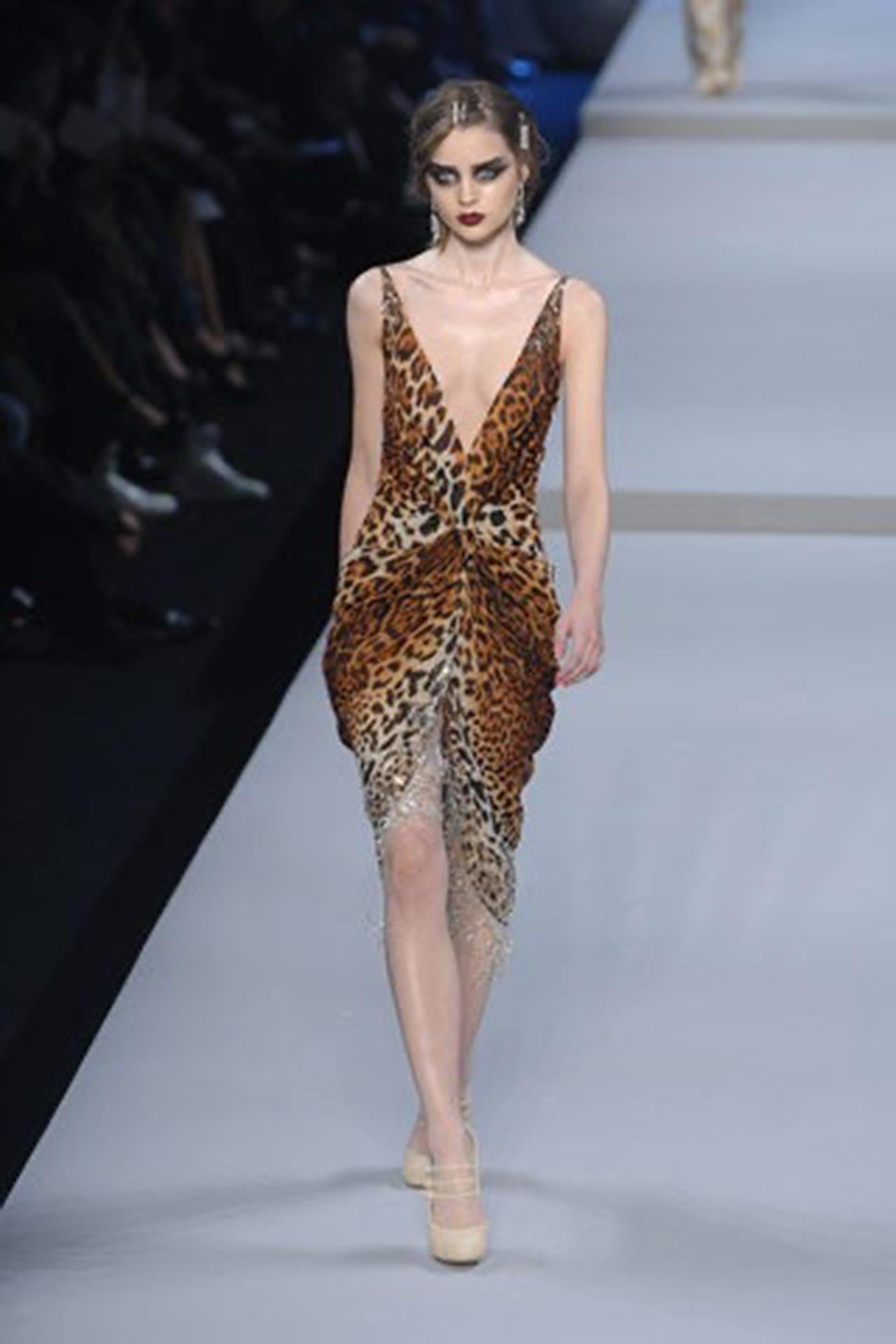 Vintage 2008 Christian Dior by Galliano Leopard Print Silk Beaded Fringe Dress 11