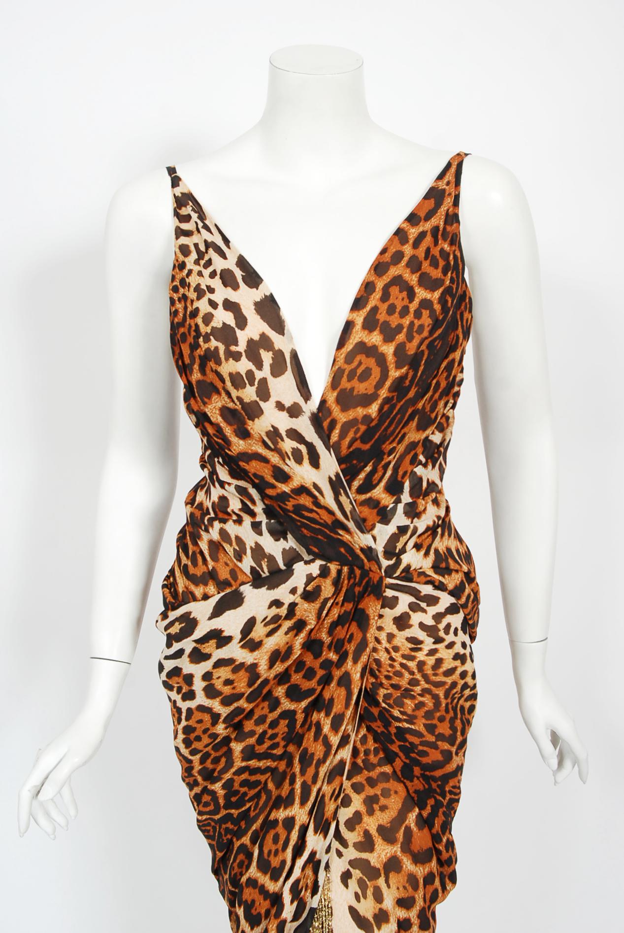 Women's Vintage 2008 Christian Dior by Galliano Leopard Print Silk Beaded Fringe Dress