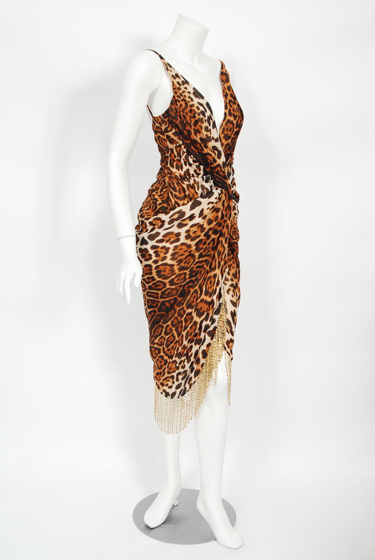 Vintage 2008 Christian Dior by Galliano Leopard Print Silk Beaded Fringe Dress 2