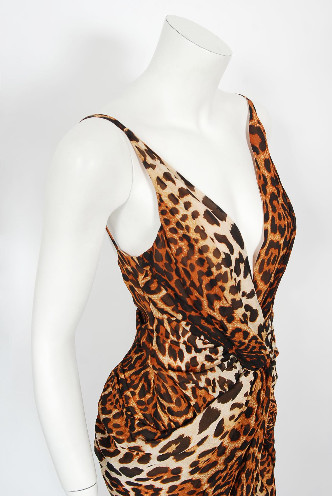 Vintage 2008 Christian Dior by Galliano Leopard Print Silk Beaded Fringe Dress 3