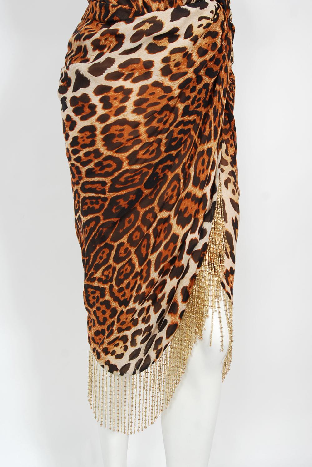 Vintage 2008 Christian Dior by Galliano Leopard Print Silk Beaded Fringe Dress 4