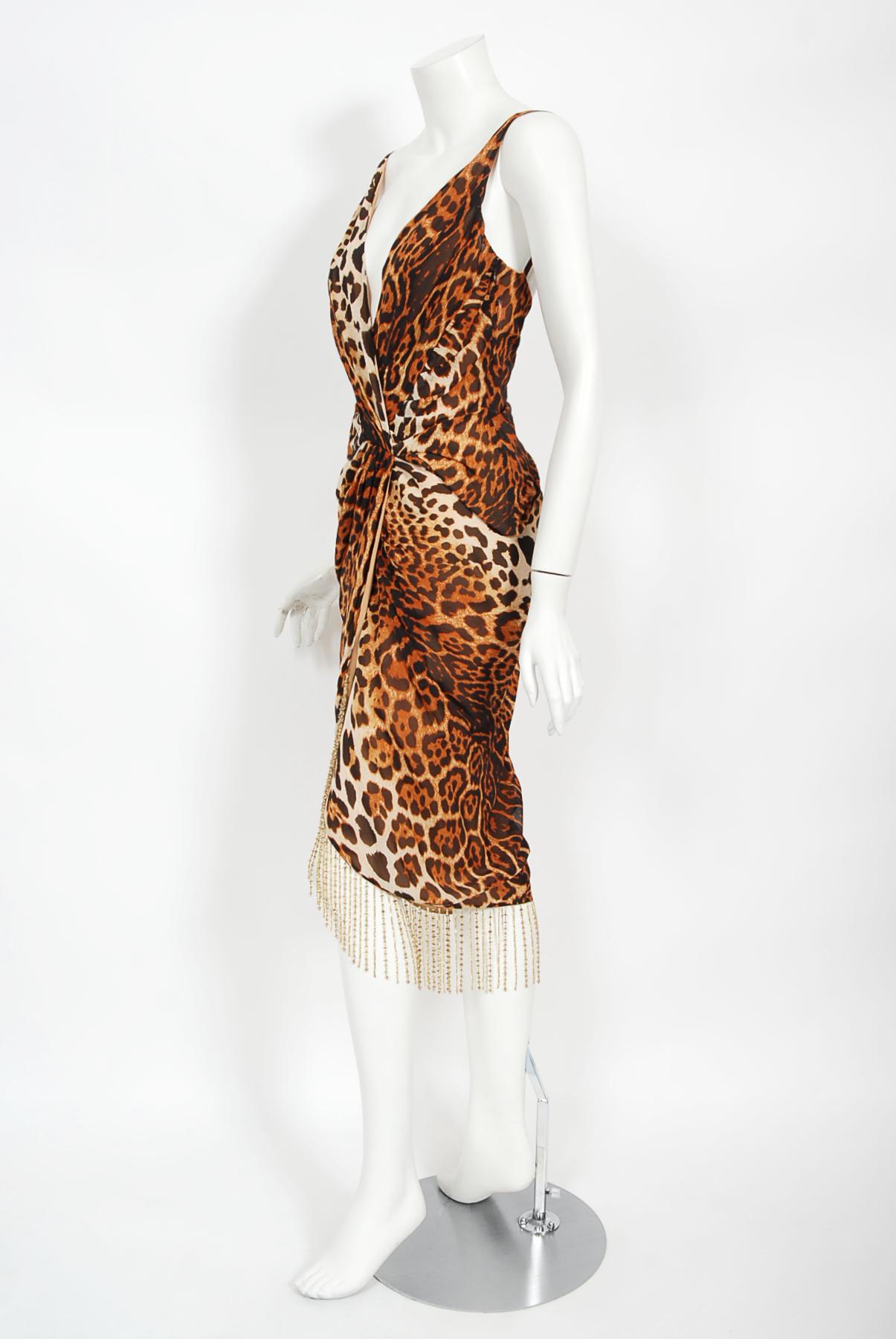 Vintage 2008 Christian Dior by Galliano Leopard Print Silk Beaded Fringe Dress 5