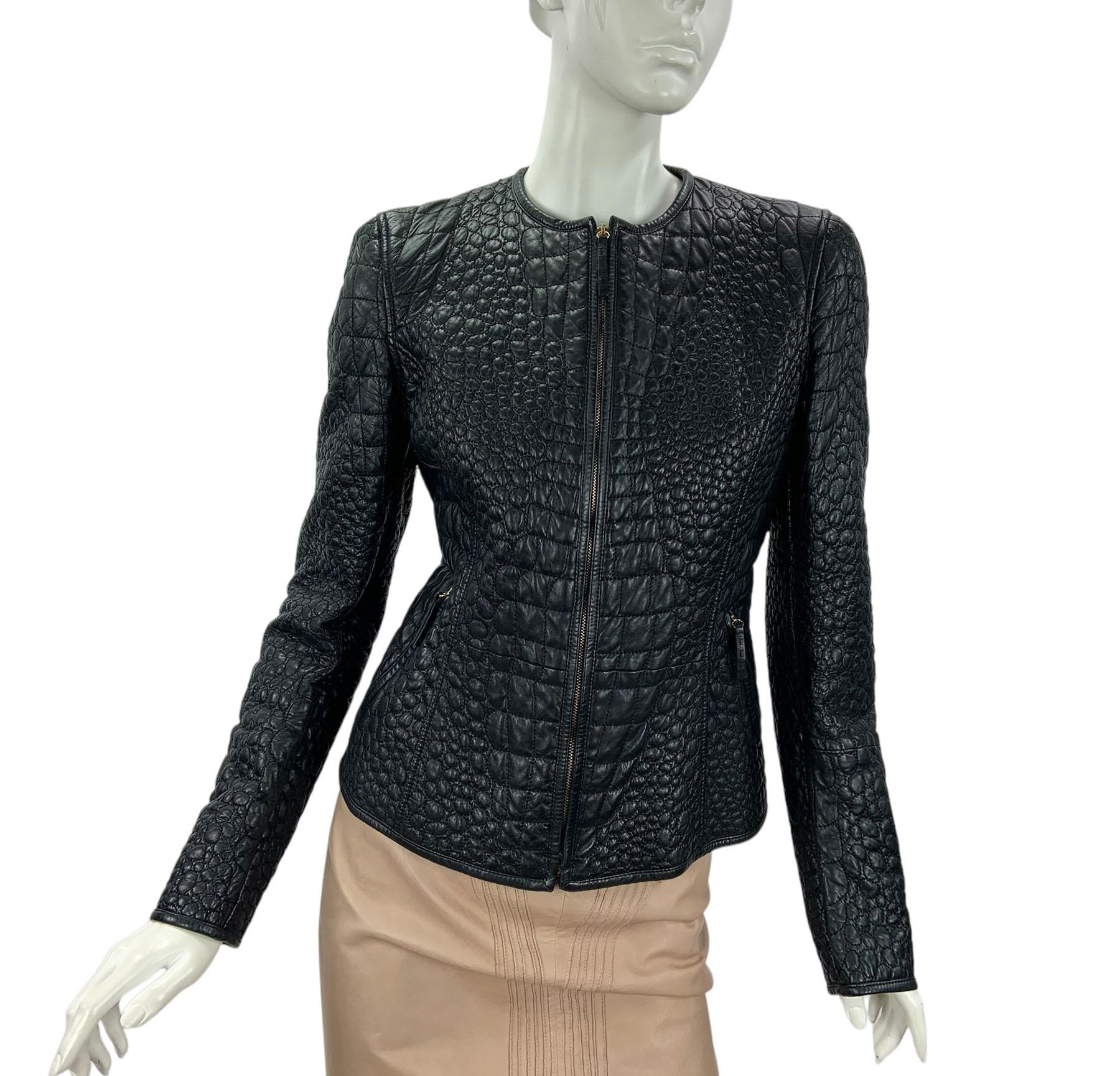 Vintage Roberto Cavalli Crocodile Print Quilted Leather Fitted Jacket
F/W 2008 Collection
Italian size 42 ( US 6 )
Black soft, quilted leather with crocodile print through, Collarless with zipper closure. 
Side zip pockets, Silk Iconic Cavalli