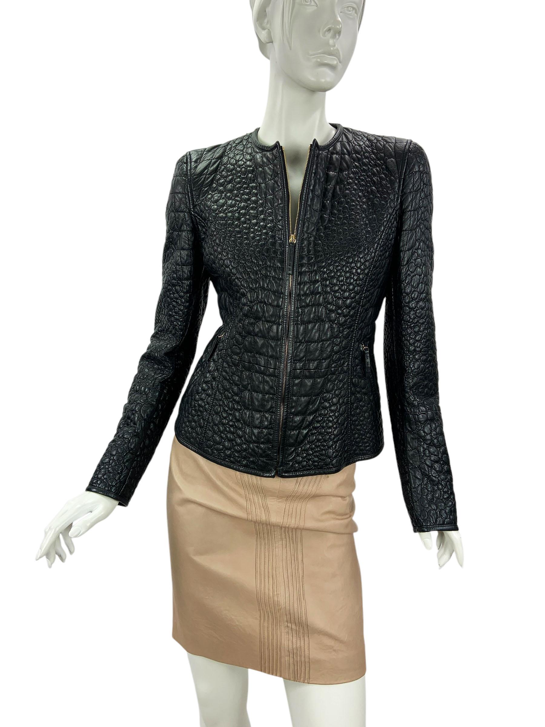 Vintage 2008 Roberto Cavalli Crocodile Print Black Leather Jacket It 42 - US 6 In New Condition For Sale In Montgomery, TX