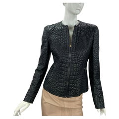 Vintage 2008 Roberto Cavalli Crocodile Print Black Leather Jacket It 42 - US 6