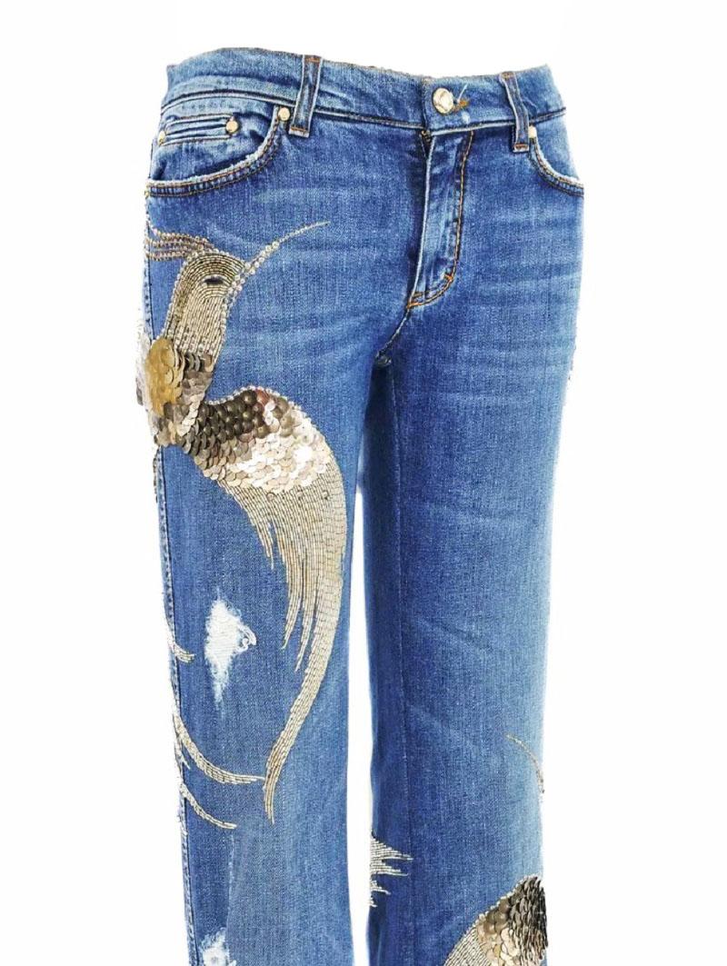 Blu Vintage By 2008 Roberto Cavalli Embellished Hummingbird Jeans Italiano 38 in vendita