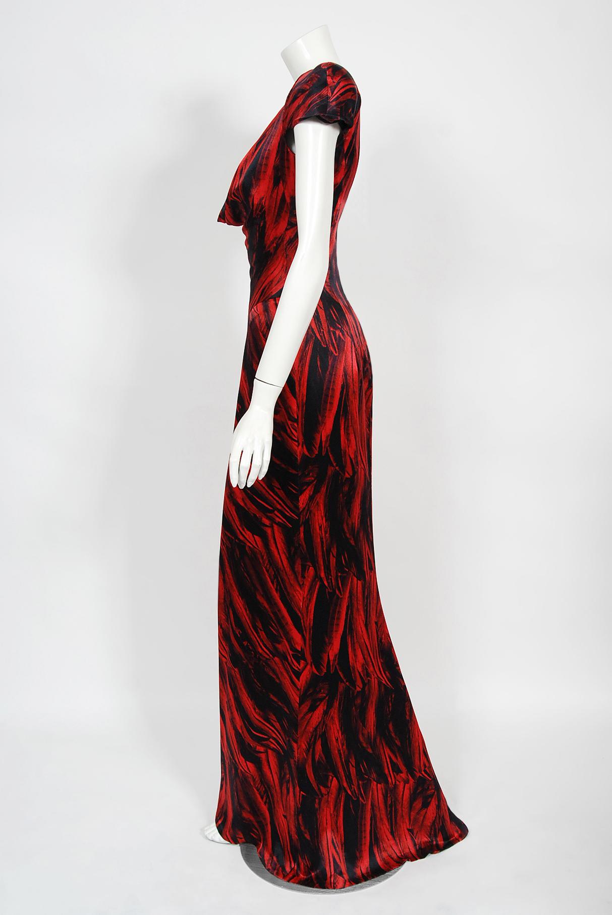 Vintage 2009 Alexander McQueen Lifetime Red Feather Print Silk Low-Plunge Gown 3
