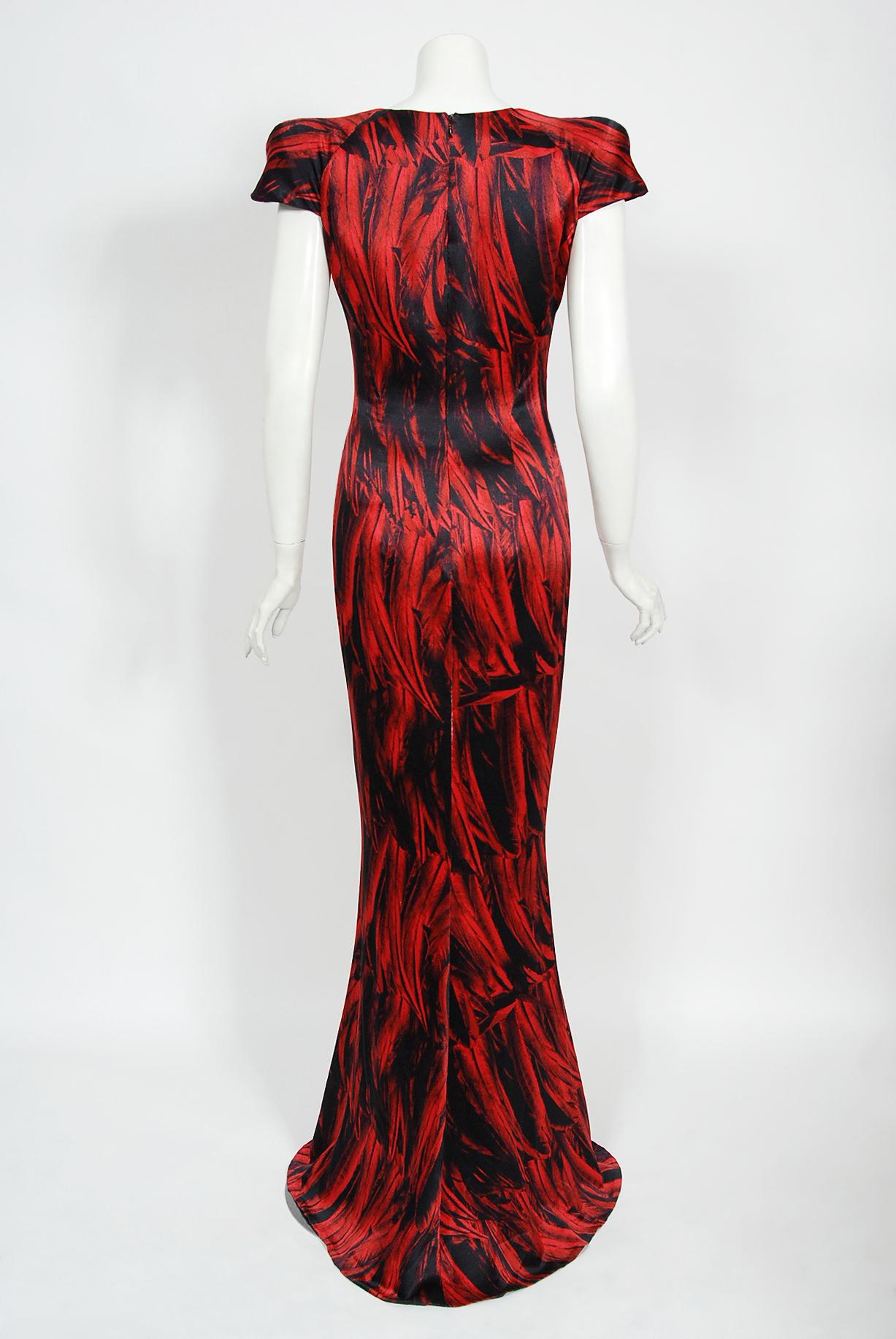 Vintage 2009 Alexander McQueen Lifetime Red Feather Print Silk Low-Plunge Gown 4