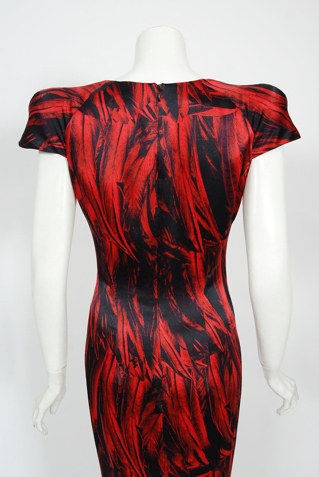 Vintage 2009 Alexander McQueen Lifetime Red Feather Print Silk Low-Plunge Gown 5