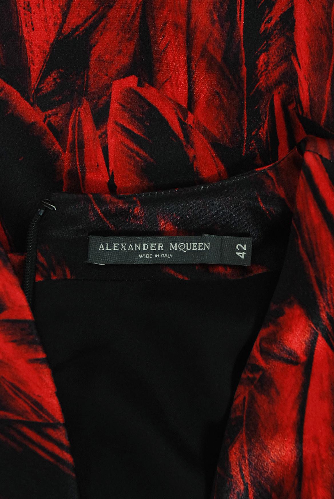 Vintage 2009 Alexander McQueen Lifetime Red Feather Print Silk Low-Plunge Gown 6