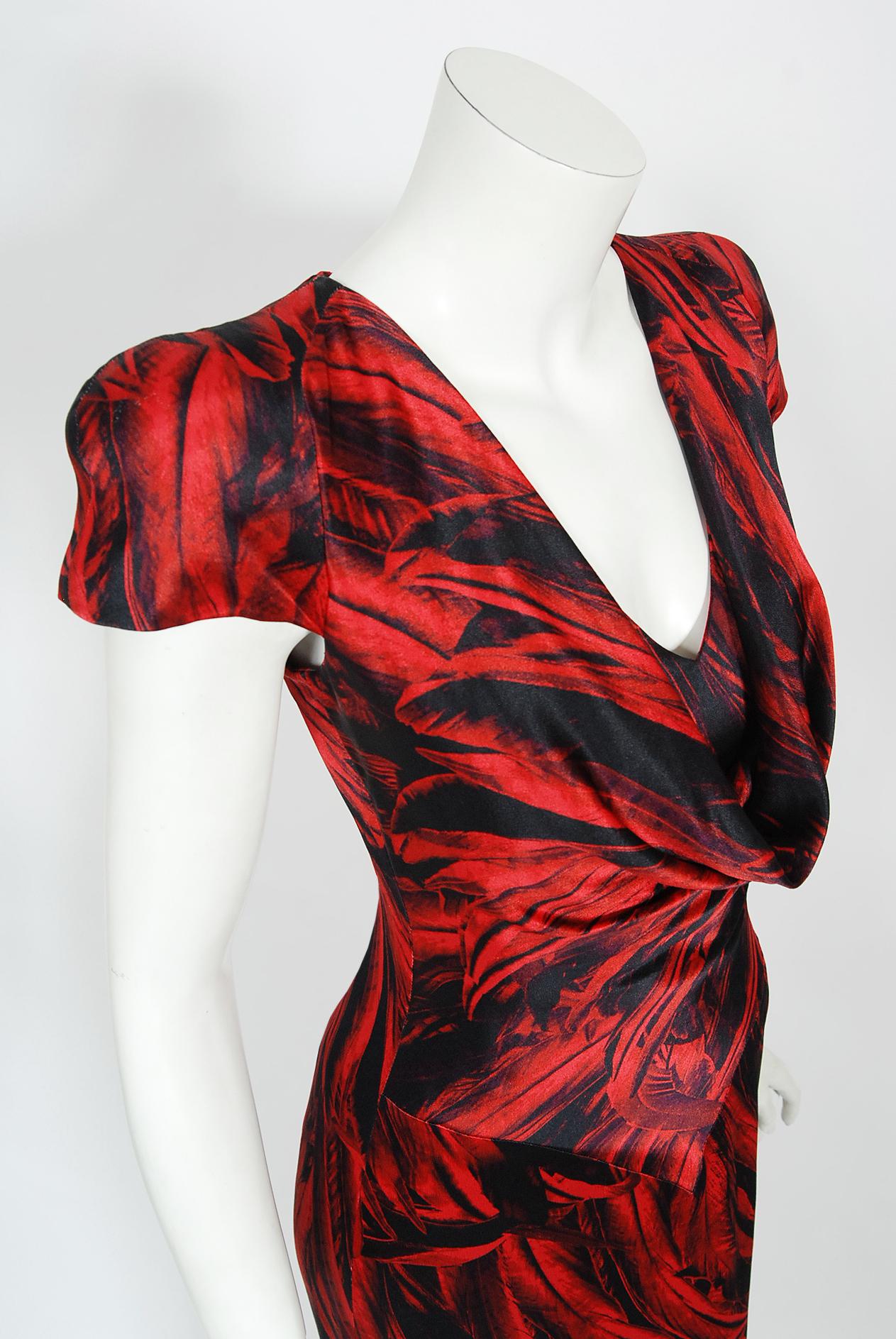 Brown Vintage 2009 Alexander McQueen Lifetime Red Feather Print Silk Low-Plunge Gown