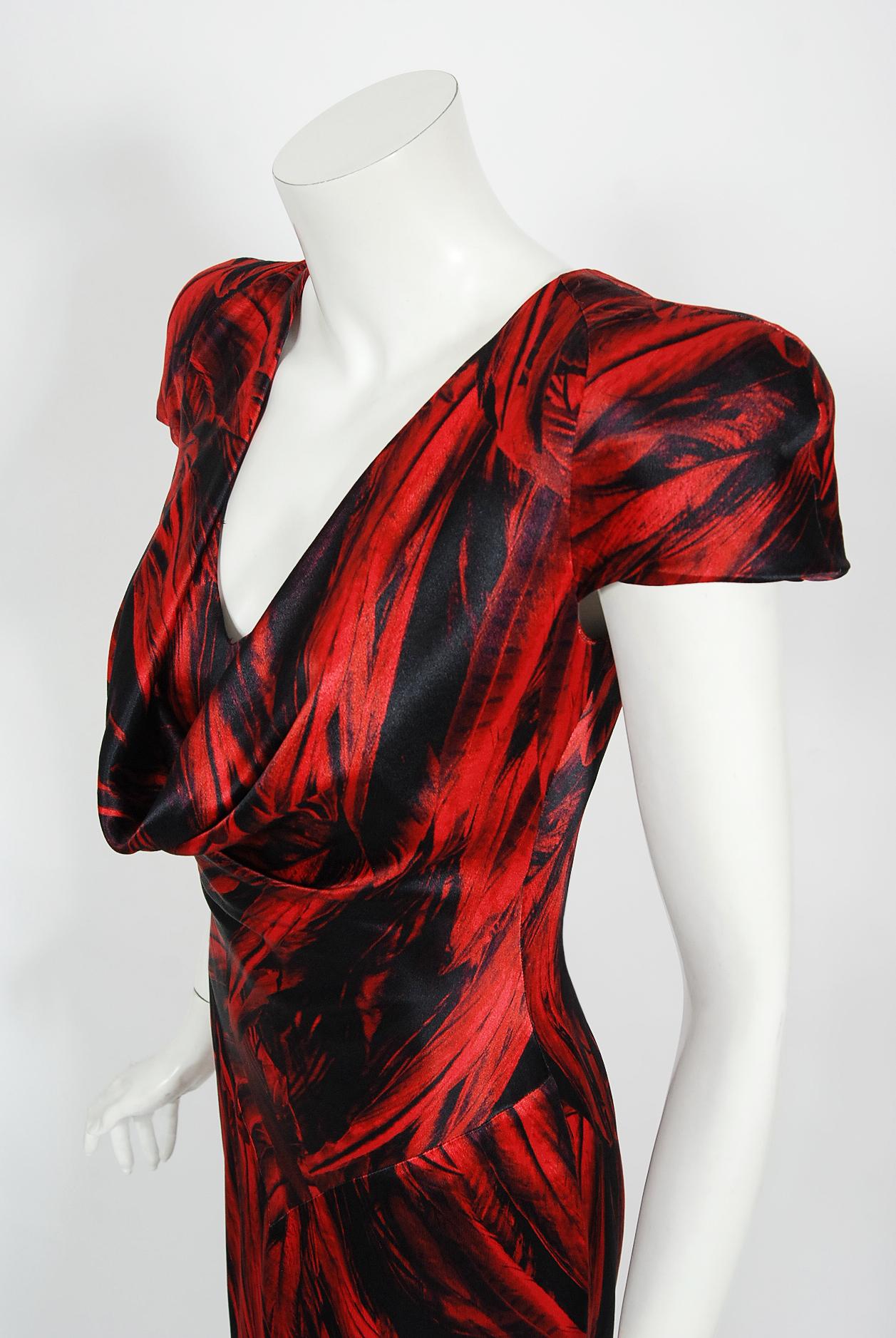 Women's Vintage 2009 Alexander McQueen Lifetime Red Feather Print Silk Low-Plunge Gown