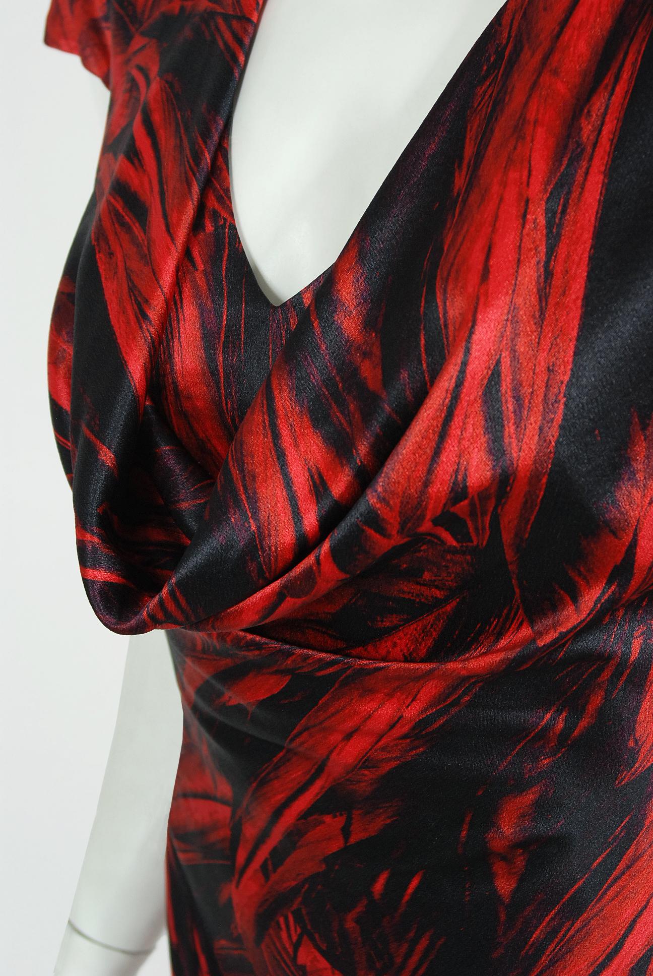 Vintage 2009 Alexander McQueen Lifetime Red Feather Print Silk Low-Plunge Gown 1