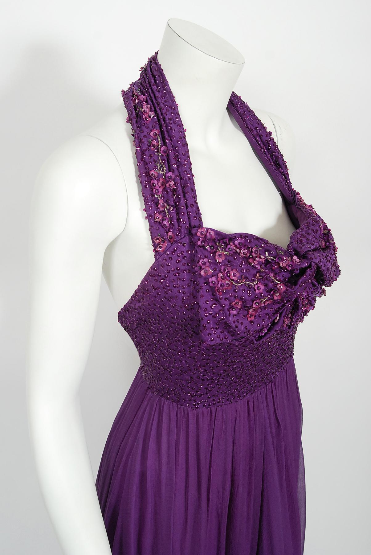 Vintage 2009 Christian Dior by Galliano Beaded Purple Silk Halter Backless Gown 6