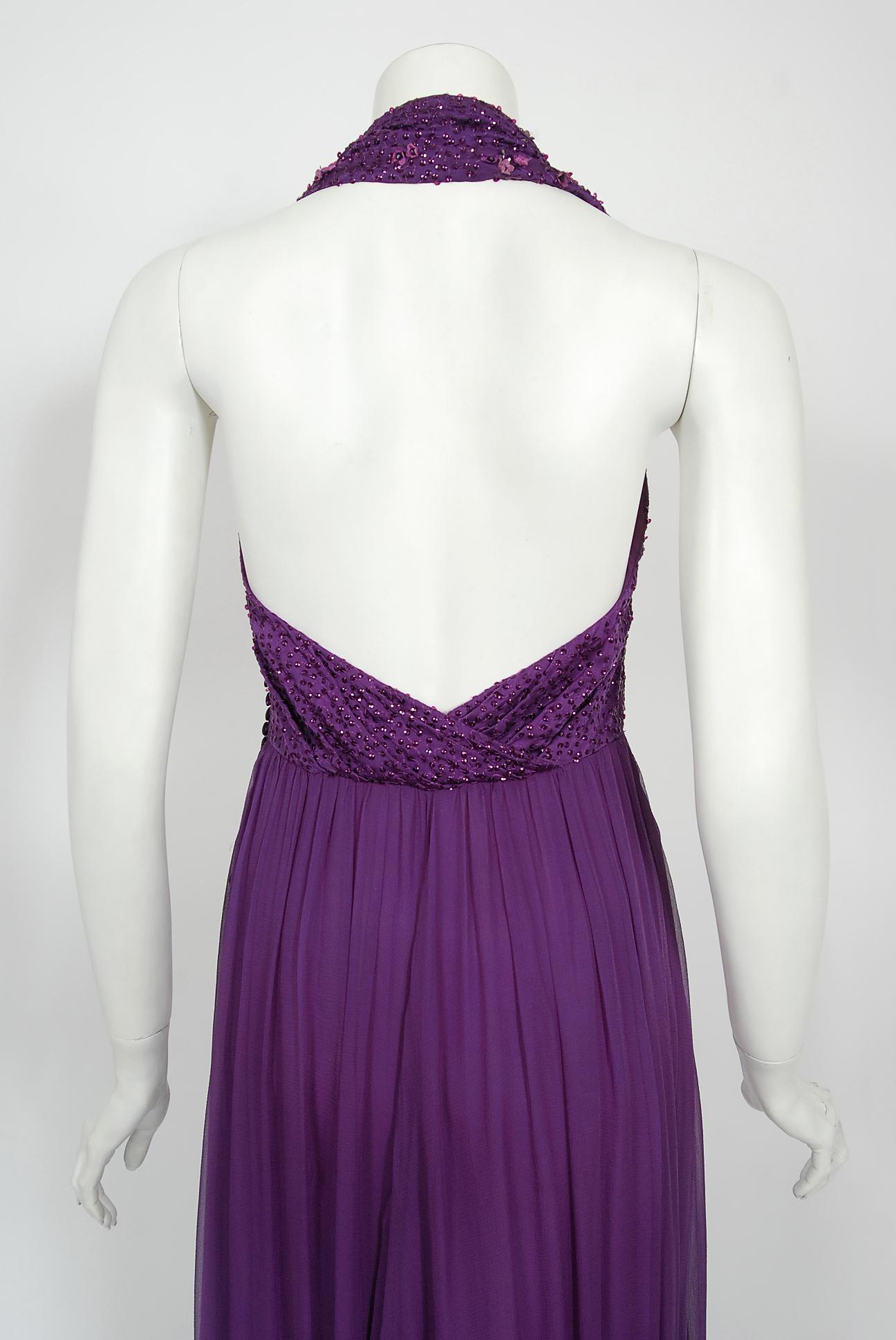 Vintage 2009 Christian Dior by Galliano Beaded Purple Silk Halter Backless Gown 8
