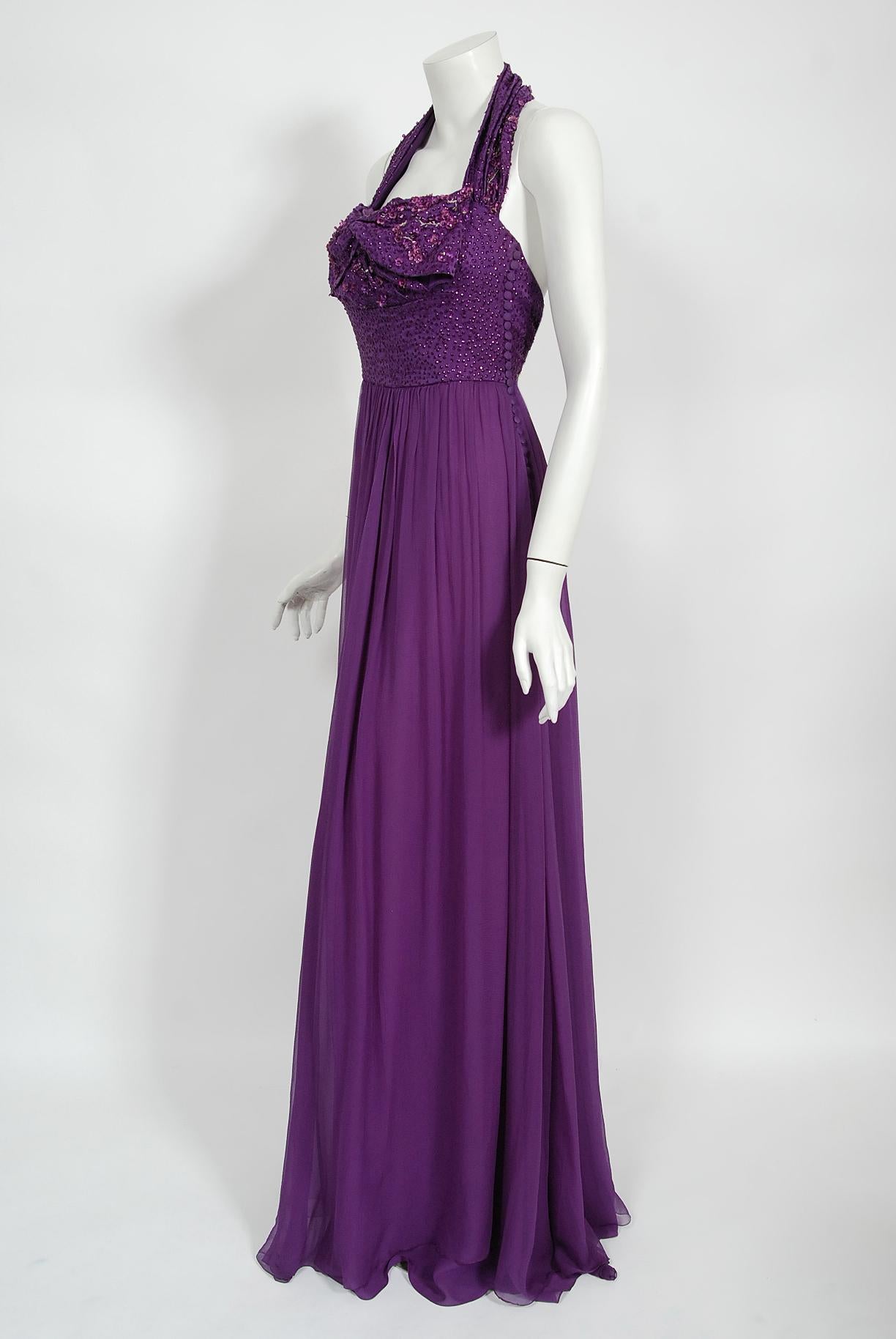 Vintage 2009 Christian Dior by Galliano Beaded Purple Silk Halter Backless Gown 1
