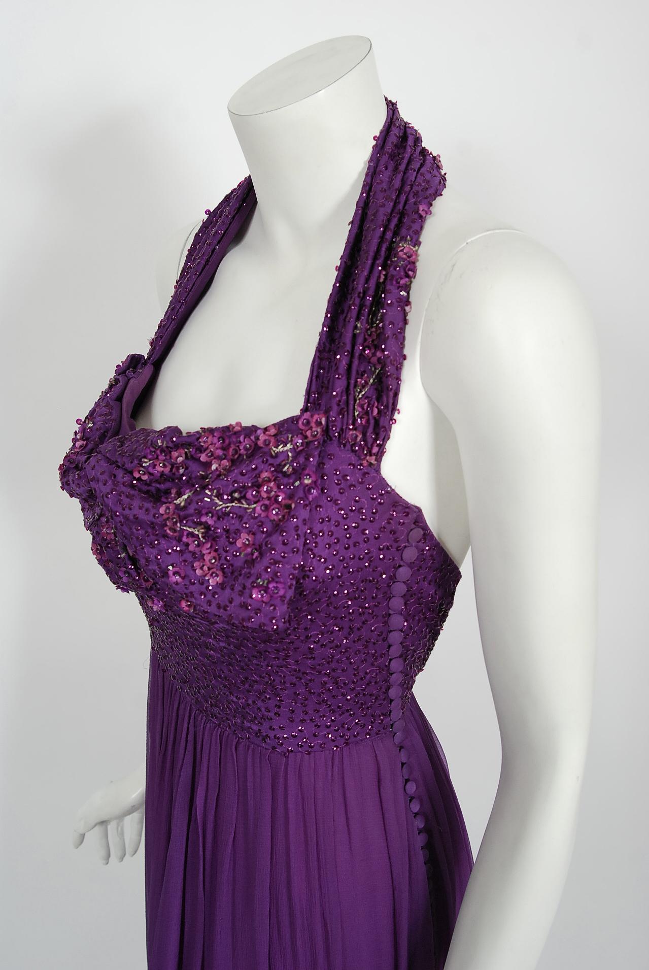 Vintage 2009 Christian Dior by Galliano Beaded Purple Silk Halter Backless Gown 2