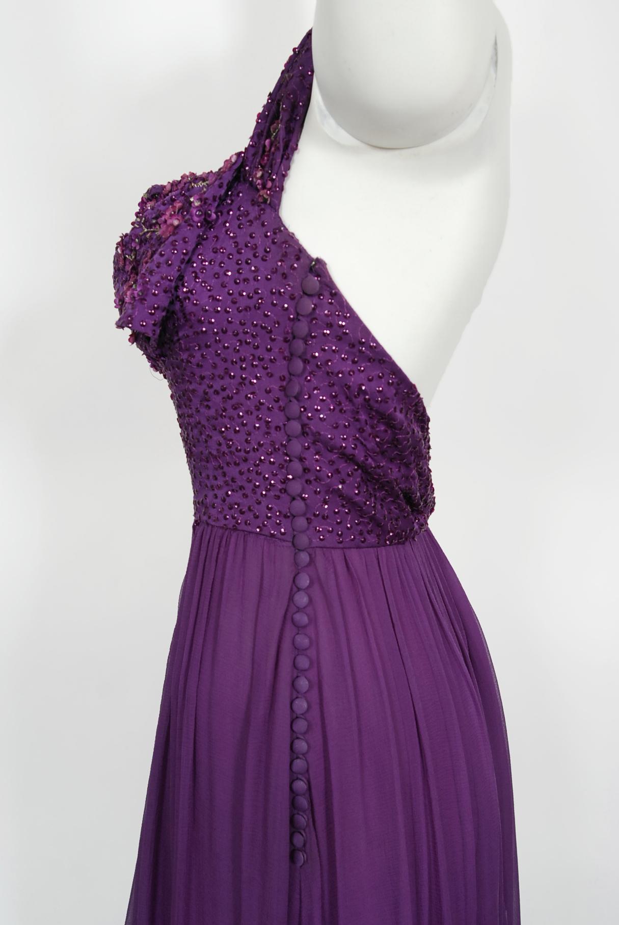 Vintage 2009 Christian Dior by Galliano Beaded Purple Silk Halter Backless Gown 3