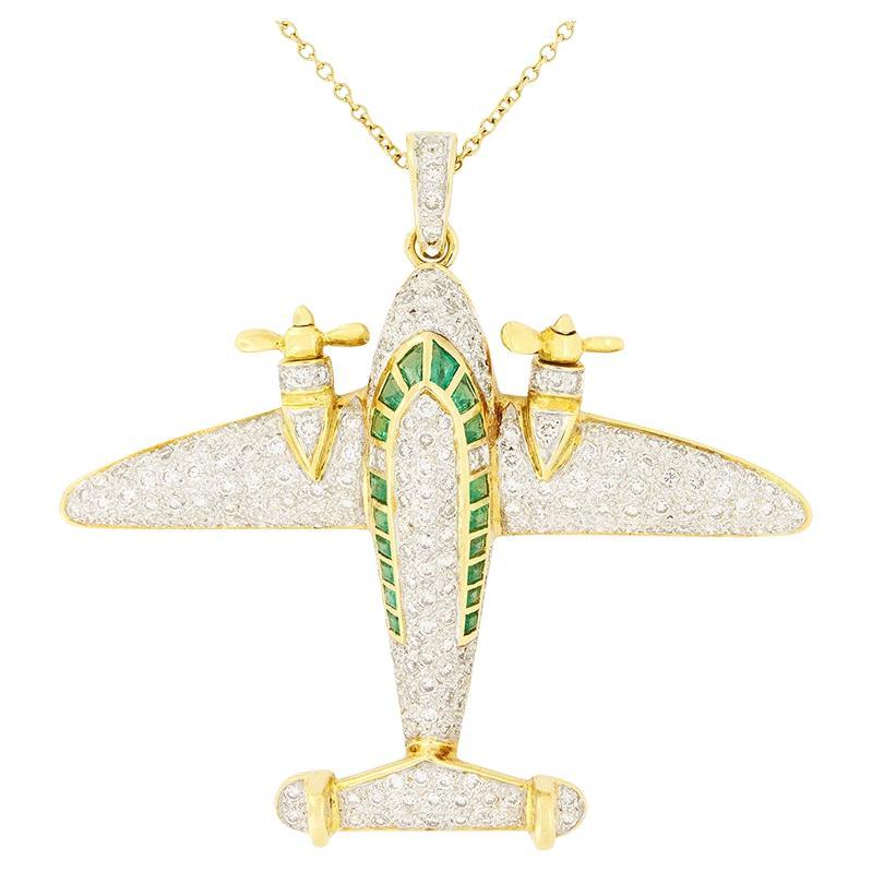 Vintage 2.00ct Diamond and Emerald Plane Pendant, c.1970s