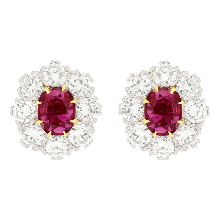 Vintage 2.00ct Ruby and Diamond Cluster Earrings, c.1950s In Good Condition For Sale In London, GB