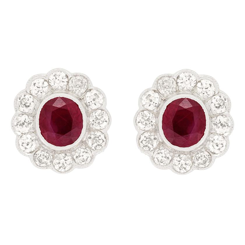 Vintage 2.00ct Ruby and Diamond Cluster Earrings, Hallmarked 1956 In Good Condition For Sale In London, GB