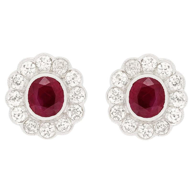 Vintage 2.00ct Ruby and Diamond Cluster Earrings, Hallmarked 1956 For Sale