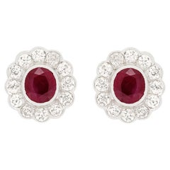 Retro 2.00ct Ruby and Diamond Cluster Earrings, Hallmarked 1956